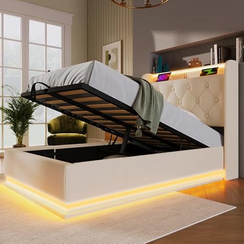 Solisburne Hydraulisch Stauraumbett 90×200, Gepolstertes Kopfteil mit USB Typ-C Polsterbett mit LED, Einzelbett Jugendbett Metallbett Bettgestel Funktionsbett, Ohne Matratze (Weiß PU, 90×200) von Solisburne