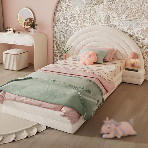Solisburne Kinderbett 90x200 cm, Polsterbett mit Gepolstertem Kopfteil in Regenbogenform und Nachttischen, inkl. Lattenrost, Einzelbett Jugendbett, ohne Matratze, Beige, Vliesimitat von Solisburne