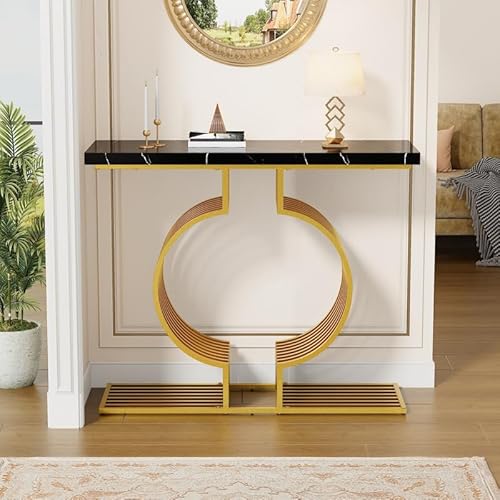 Solisburne Konsolentisch 100×35×80, Moderner Schwarzer Hochglanz Beistelltisch Klein mit Goldenem Sockel, Flexibel Zweifach Installierbar, Ausstellungstisch Flurtisch für Wohnzimmer, Eingang, Flur von Solisburne