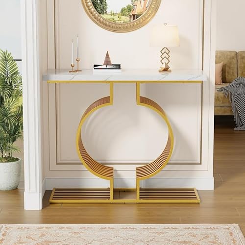 Solisburne Konsolentisch 100×35×80, Moderner Weißer Hochglanz Beistelltisch Klein mit Goldenem Sockel, Flexibel Zweifach Installierbar, Ausstellungstisch Flurtisch für Wohnzimmer Eingang Flur von Solisburne