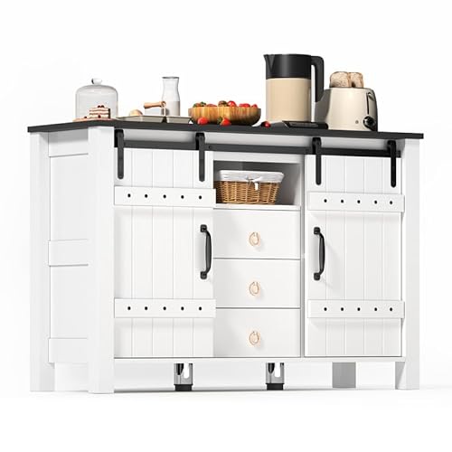 Solisburne Küchenschrank mit Stauraum, Sideboard 120 cm breiter mit Schiebetüren und 3 Schublad Vintage Buffetschrank Standschrank Anrichte Schrank für Küche Wohnzimmer Esszimmer, Weiß, 120×40×80 von Solisburne