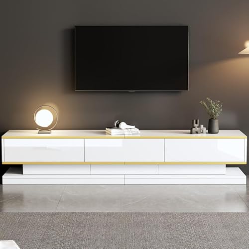 Solisburne Moderner TV-Schrank, Lowboard mit 3 Schubladen und großem Stauraum, Hochglanz Fernsehschrank mit Goldener Kante, Wohnzimmerschrank TV-Tisch in Warmweiß, 200x40x40 cm von Solisburne