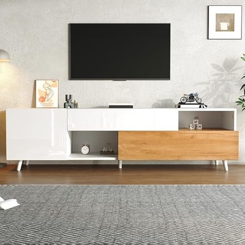Solisburne Moderner TV-Schrank, Lowboard mit unterer Tür und Schublade, Fernsehtisch mit 7 Ablagefächern Hochglanz TV-Board Wohnzimmerkommode geeignet für Fernseher bis 75 Zoll, 180x38x50 cm, Weiß von Solisburne