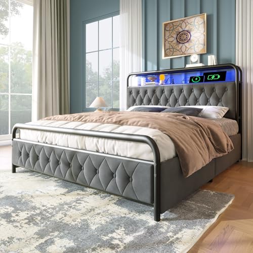 Solisburne Polsterbett 90×200 Samt mit 2 Schubkästen, Satauraumbett mit LED Jugendbett Metallbett Bett mit stauraum Funktionsbett, Ohne Matratze, Samt, Grau von Solisburne