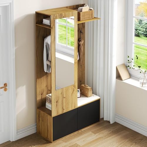 Solisburne Schuhschrank mit Klapptüren für kleine Flure, Set mit Spiegel und Kleiderhaken, weißer Schuhschrank mit 2 Klapptüren und 1 Schiebetür, Möbel für Eingangsbereich und Wohnzimmer Solisburne Schuhschrank mit Klapptüren für kleine Flure, Set mit Spiegel und Kleiderhaken, weißer Schuhschrank mit 2 Klapptüren und 1 Schiebetür, Möbel für Eingangsbereich und Wohnzimmer von Solisburne