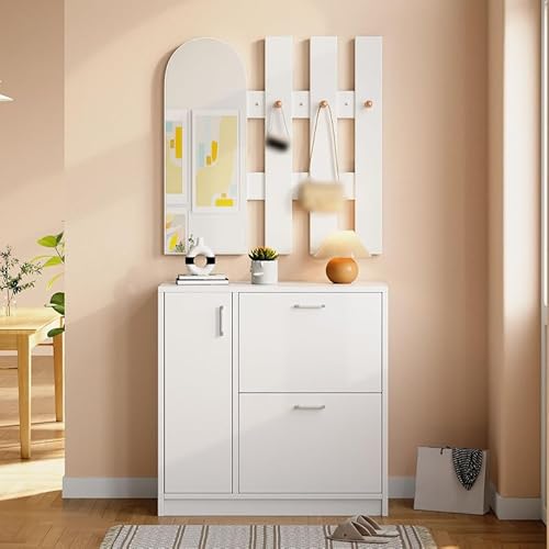 Solisburne Schuhschrank mit Klapptüren für kleine Flure, Set mit Spiegel und Kleiderhaken, weißer Schuhschrank mit 2 Klapptüren und 1 Schiebetür, Möbel für Eingangsbereich und Wohnzimmer von Solisburne