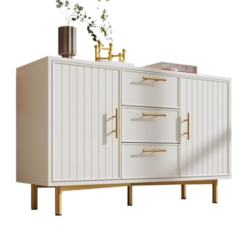 Solisburne Sideboard, Kommode mit 3 Schubladen und 2 Türen Aufbewahrungsschrank mit Verstellbarer Einlegeboden und Metallbeinen Beistellschrank für Wohnzimmer, Schlafzimmer, 120 x 40 x 75 cm, Weiß von Solisburne