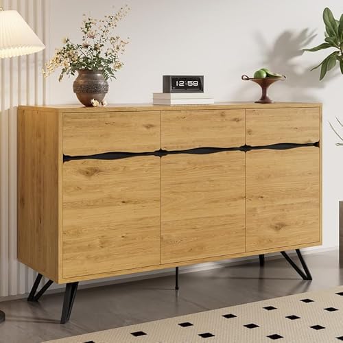 Solisburne Sideboard, Kommode mit 3 Schubladen und 2 Türen Buffetschrank Aufbewahrungsschrank Küchenschrank für Wohnzimmer, Schlafzimmer, 120x40.2x82.5, Weiß, Oak von Solisburne