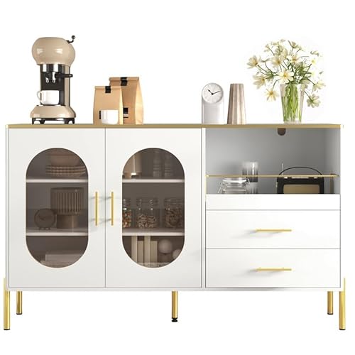 Solisburne Sideboard, Küchenschrank 140 cm Breite mit Glasfronten Kommode mit 2 Türen und 2 Schublad Buffetschrank Standschrank Schlafzimmerkommode Hochglanz Anrichte Schrank, 140 x 38 x 90, Weiß von Solisburne