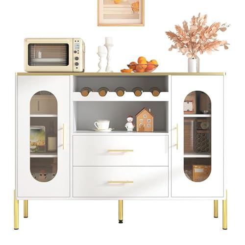 Solisburne Sideboard, Küchenschrank 120 cm Breite mit Glasfronten und Weinregal Kommode mit 2 Türen und 2 Schublad Buffetschrank Schlafzimmerkommode Hochglanz Anrichte Schrank, 120 x 38 x 90, Weiß von Solisburne