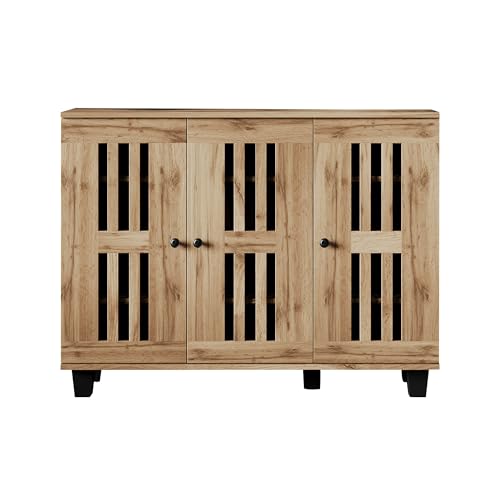 Solisburne Sideboard mit 3 Türen und 8 Fächern, Kommode für Schlafzimmer Buffetschrank Aufbewahrungs Schrank Balkonschrank Wohnzimmerschrank Beistellschrank Flurschrank, 120x32x92 Holzoptik von Solisburne