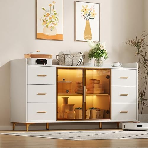 Solisburne Sideboard mit LED, Küchenschrank 150 cm Breite mit 6 Schubladen 2 Türen und Verstellbare Einlegeböden Kommode mit gehärtetem Glas, Gold Metallbeinen, Hochglanz, 150x40x80, Marmoroptik, Weiß von Solisburne