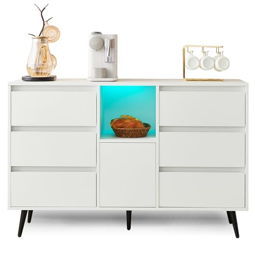 Solisburne Sideboard mit LED, Kommode 120 cm Breite mit 6 Schubladen 1 Offene Fach und 1 Tür Küchenschrank mit Metallbeinen Buffetschrank AnrichteSchrank für küchen, Wohnzimmer, 120x40x80, Weiß von Solisburne