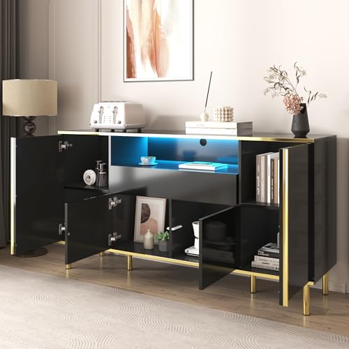 Solisburne Sideboard mit LED-Leuchten, Küchenschrank Kommode mit 4 Türen und 1 Schublad Schwarz Buffetschrank Standschrank Schlafzimmerkommode Hochglanz Anrichte Schrank, 150 x 40 x 80 von Solisburne