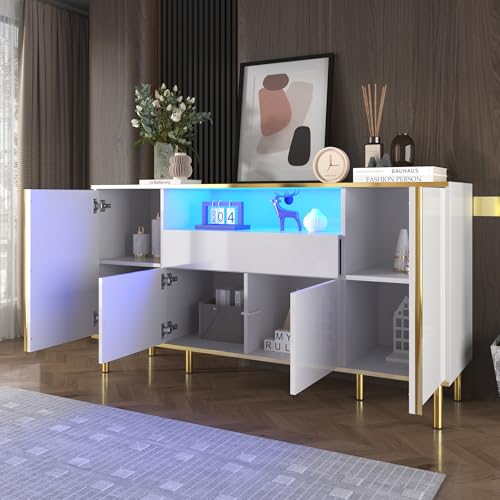 Solisburne Sideboard mit LED-Leuchten, Küchenschrank Kommode mit 4 Türen und 1 Schublad Weiß Buffetschrank Standschrank Schlafzimmerkommode Hochglanz Anrichte Schrank, 150 x 40 x 80 von Solisburne