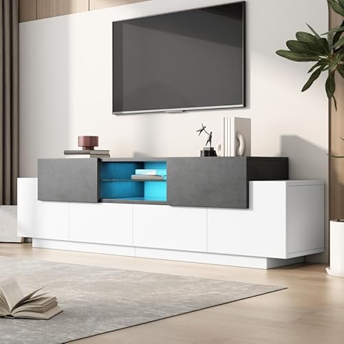 Solisburne TV-Schrank, Fernsehschrank mit 4 Türen, 1 Schubladen und 2 Fächer Lowboard mit LED und Hartglas Trennwand für TVs bis zu 80 Zoll Fernsehtisch Wohnzimmer Möbel, Grau und Weiß, 180x40x50 von Solisburne