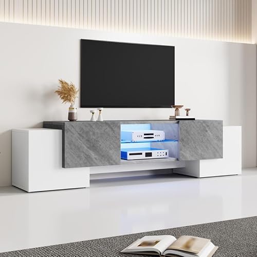 Solisburne TV-Schrank, Fernsehschrank mit 4 Türen und 2 Fächer Lowboard mit LED und Trennwand aus Hartglas TV-Regal für TVs bis zu 70 Zoll Fernsehtisch Wohnzimmer Möbel, Grau und Weiß, 180x40x46.5 von Solisburne