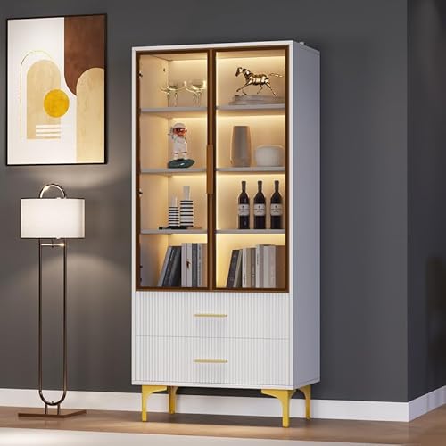 Solisburne Vitrine, Glasvitrine Stehend mit 2 Türen 2 Schubladen Verstellbaren Einlegeböden 4-Lagen Glasschrank Sammlervitrine mit 16-Farbiger LED für Büro, Bücher, Gehärtetes Glas, Weiß von Solisburne