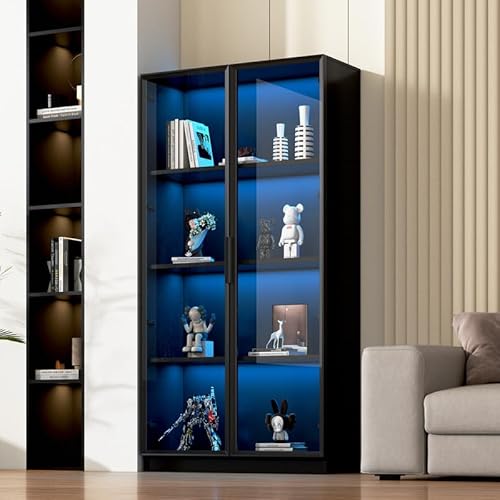 Solisburne Vitrine, Glasvitrine Stehend mit 2 Türen und Verstellbaren Einlegeböden 4-Lagen Glasschrank Sammlervitrine mit 16-Farbiger LED für Wohnzimmer, Büro, Bücher, Gehärtetes Glas, Schwarz von Solisburne