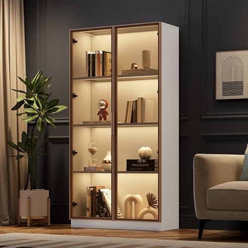 Solisburne Vitrine, Glasvitrine Stehend mit 2 Türen und Verstellbaren Einlegeböden 4-Lagen Glasvitrine Sammlervitrine mit 16-Farbiger LED für Wohnzimmer, Büro, Bücher, Gehärtetes Glas, Weiß von Solisburne