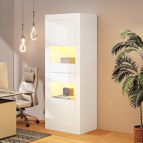 Solisburne Vitrine 160cm, Vitrine Stehend mit 1 Acryltür und 2 Verstellbaren Glasböden Hochglanzvitrine mit 16-Farbiger LED Sammlervitrine für Wohnzimmer, Büro, Schlafzimmer, Weiß von Solisburne