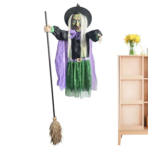 Sollee Fliegende Hexe Halloween-Dekoration | Halloween Schwebende Hexe auf Besen mit gruseligen Geräuschen | Gruselige Deko Für Feiertage Garten Vorgarten Haus Eingang Terrasse Innenbereich Spukhaus von Sollee