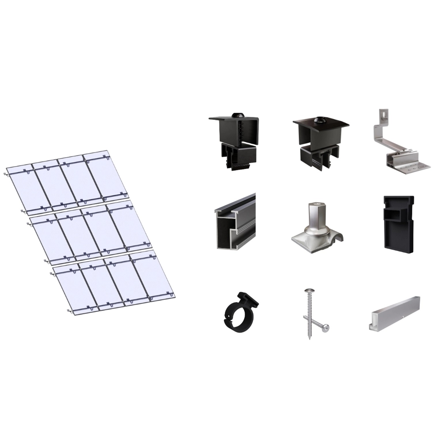 SolMount Montageset Schrägdach 12 Module Anordnung 4 Module nebeneinander und 3 Module untereinander Schwarz Eloxiert SolMount Montageset Schrägdach 12 Module Anordnung 4 Module nebeneinander und 3 Module untereinander Schwarz Eloxiert von Solmount