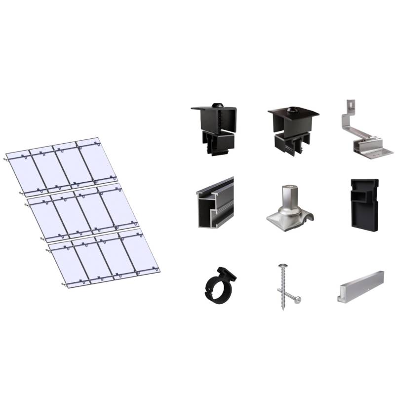 SolMount Montageset Schrägdach 12 Module Anordnung 4 Module nebeneinander und 3 Module untereinander Schwarz Eloxiert von Solmount