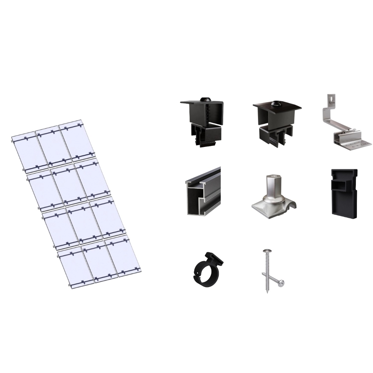 SolMount Montageset Schrägdach 12 Module Anordnung 3 Module nebeneinander und 4 Module untereinander Schwarz Eloxiert SolMount Montageset Schrägdach 12 Module Anordnung 3 Module nebeneinander und 4 Module untereinander Schwarz Eloxiert von Solmount