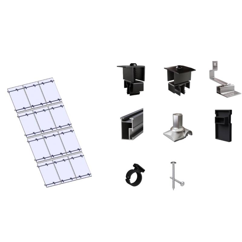 SolMount Montageset Schrägdach 12 Module Anordnung 3 Module nebeneinander und 4 Module untereinander Schwarz Eloxiert von Solmount