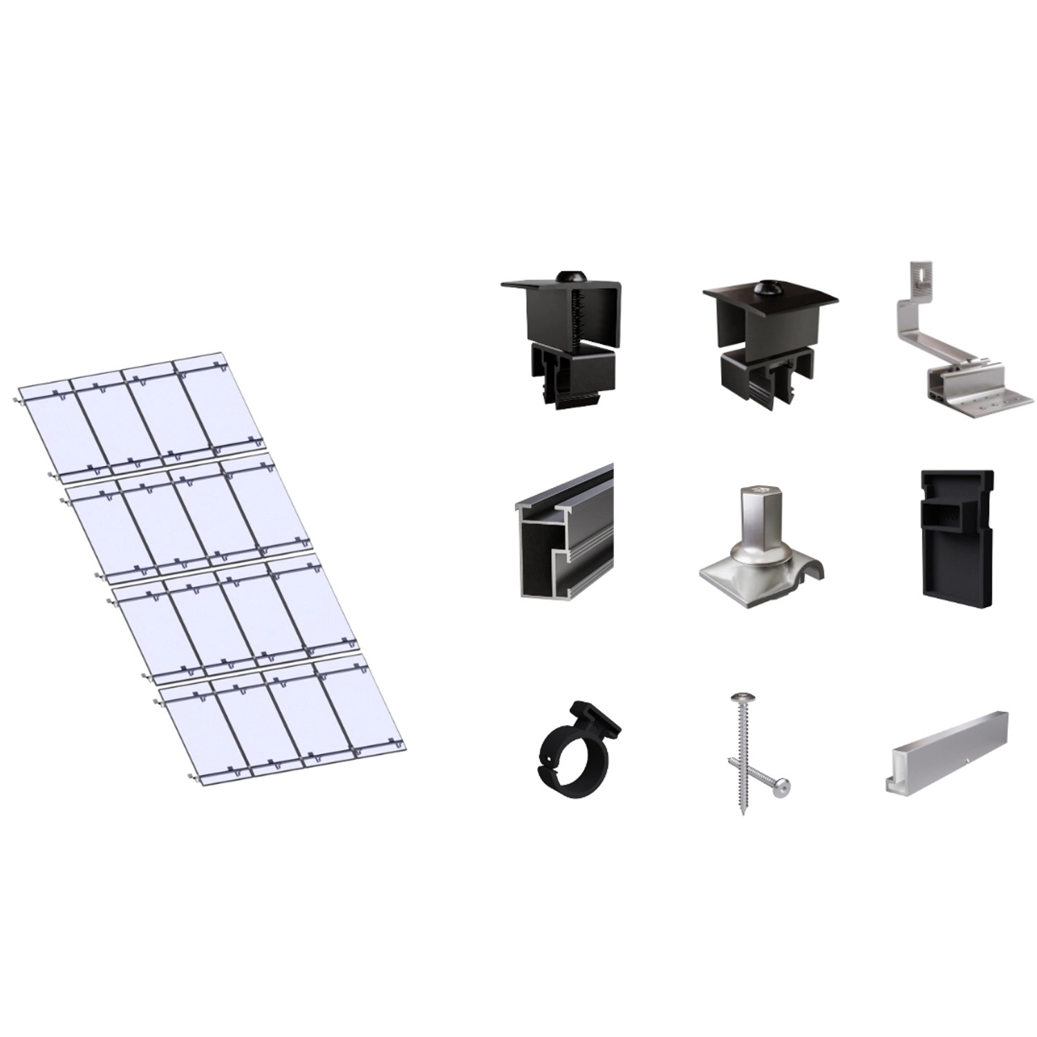 SolMount Montageset Schrägdach 16 Module Anordnung 4 Module nebeneinander und 4 Module untereinander Schwarz Eloxiert SolMount Montageset Schrägdach 16 Module Anordnung 4 Module nebeneinander und 4 Module untereinander Schwarz Eloxiert von Solmount