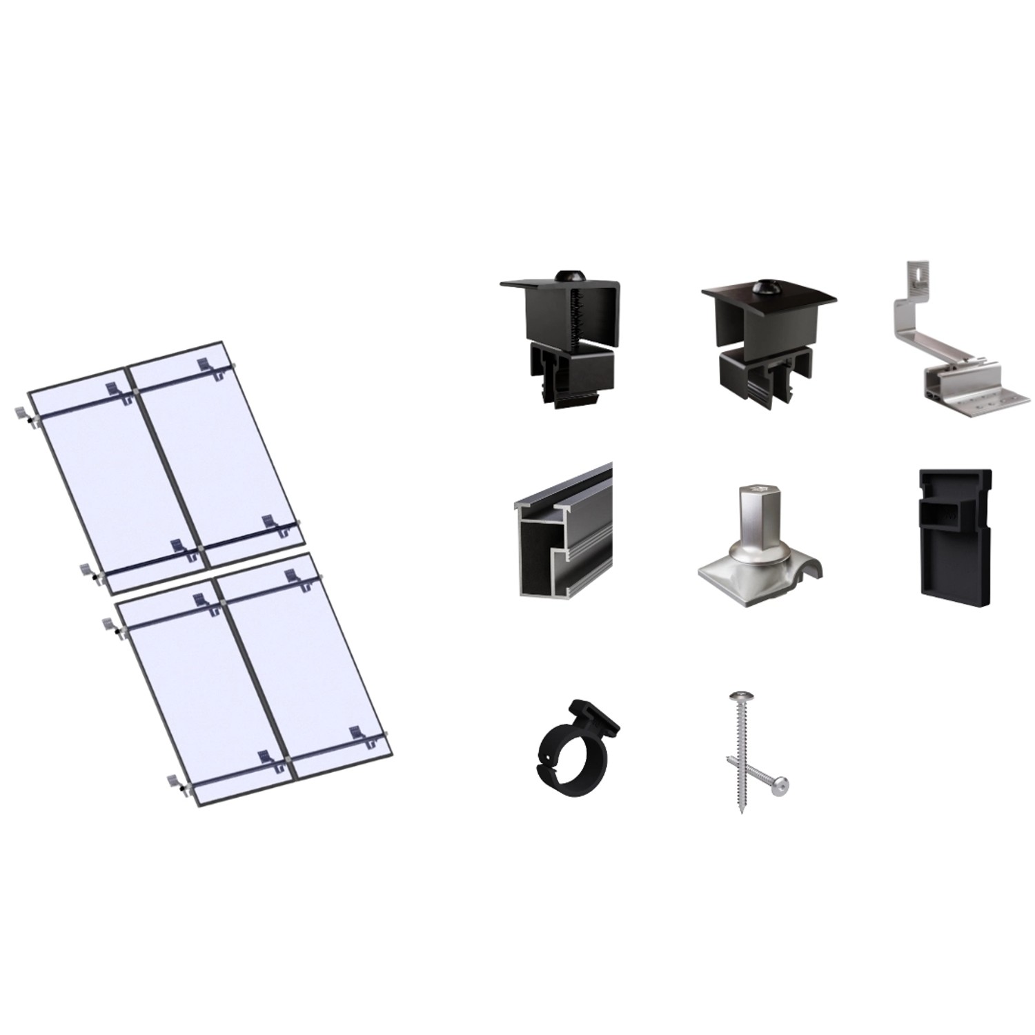 SolMount Montageset Schrägdach 4 Module Anordnung 2 Module nebeneinander und 2 Module untereinander Schwarz Eloxiert SolMount Montageset Schrägdach 4 Module Anordnung 2 Module nebeneinander und 2 Module untereinander Schwarz Eloxiert von Solmount