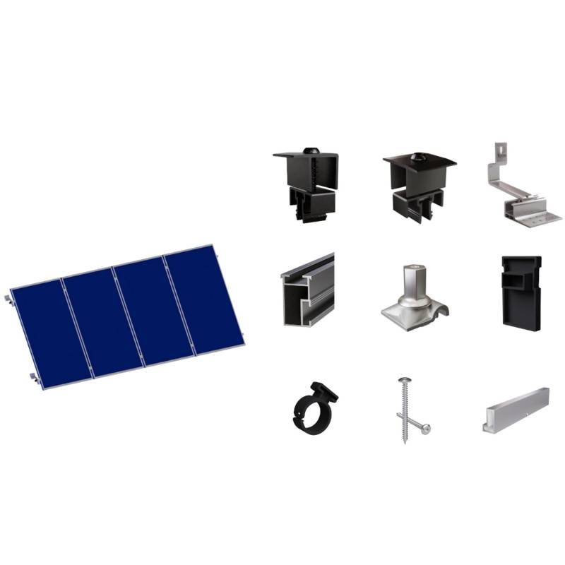 SolMount Montageset Schrägdach 4 Module nebeneinander Schwarz Eloxiert von Solmount