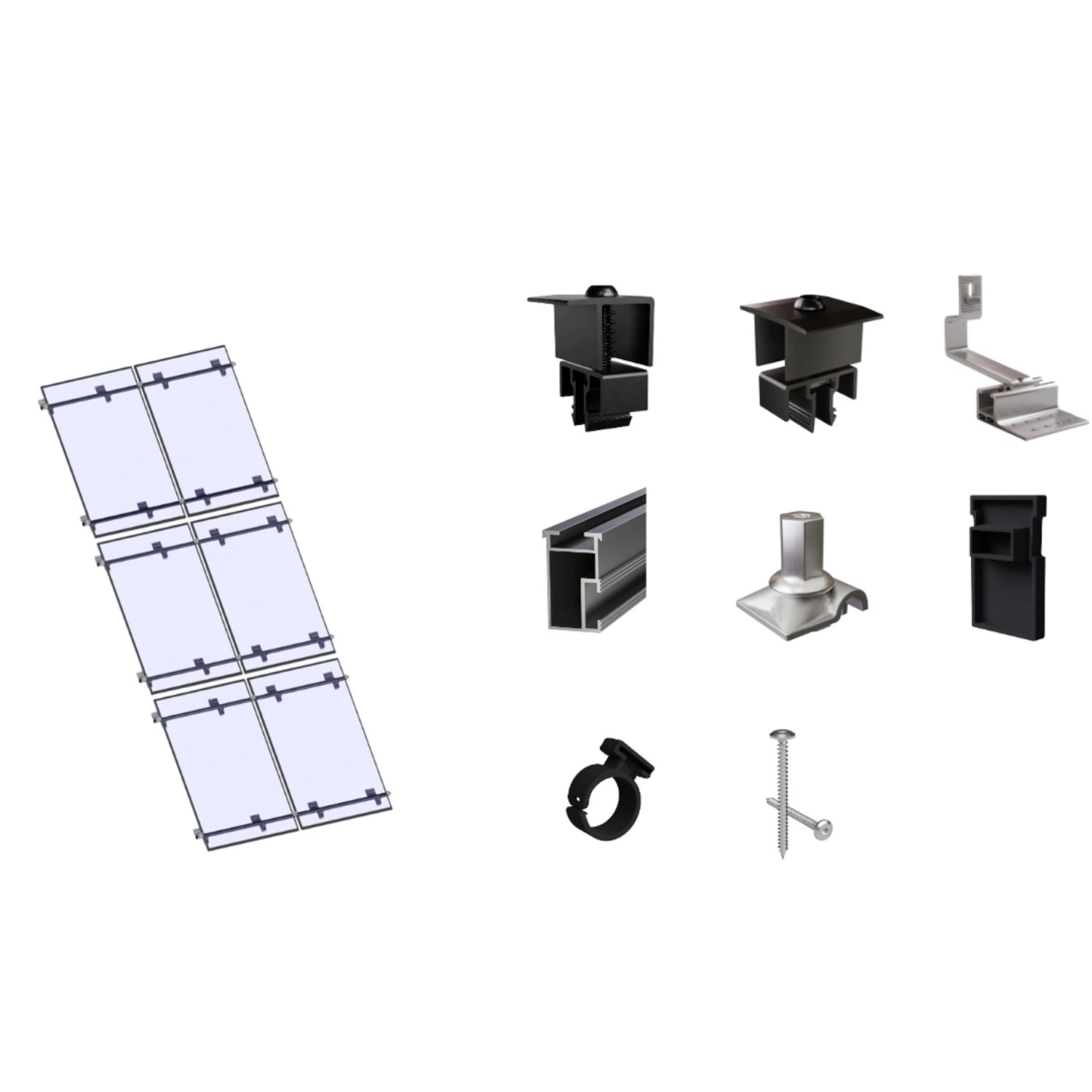 SolMount Montageset Schrägdach 6 Module Anordnung 2 Module nebeneinander und 3 Module untereinander Schwarz Eloxiert SolMount Montageset Schrägdach 6 Module Anordnung 2 Module nebeneinander und 3 Module untereinander Schwarz Eloxiert von Solmount