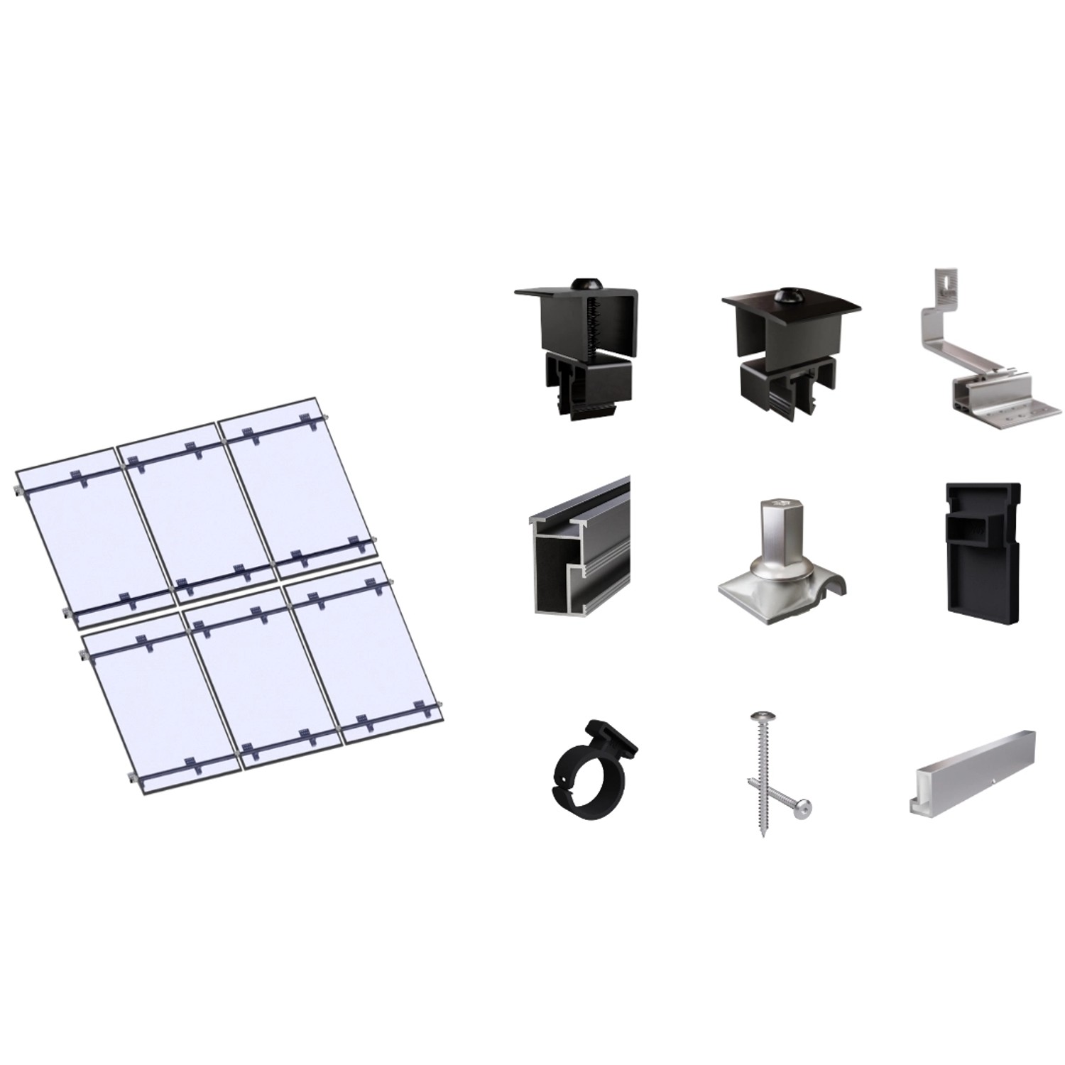 SolMount Montageset Schrägdach 6 Module Anordnung 3 Module nebeneinander und 2 Module untereinander Schwarz Eloxiert SolMount Montageset Schrägdach 6 Module Anordnung 3 Module nebeneinander und 2 Module untereinander Schwarz Eloxiert von Solmount