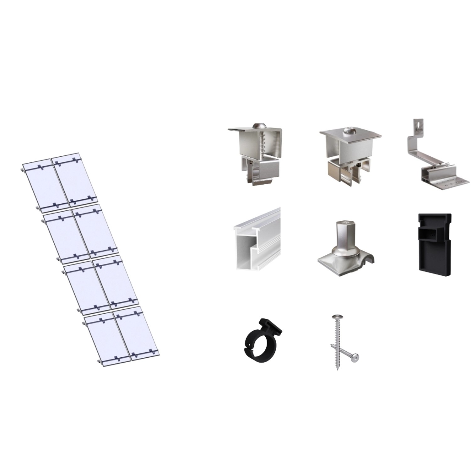 SolMount Montageset Schrägdach 8 Module Anordnung 2 Module nebeneinander und 4 Module untereinander Aluminium Natur SolMount Montageset Schrägdach 8 Module Anordnung 2 Module nebeneinander und 4 Module untereinander Aluminium Natur von Solmount