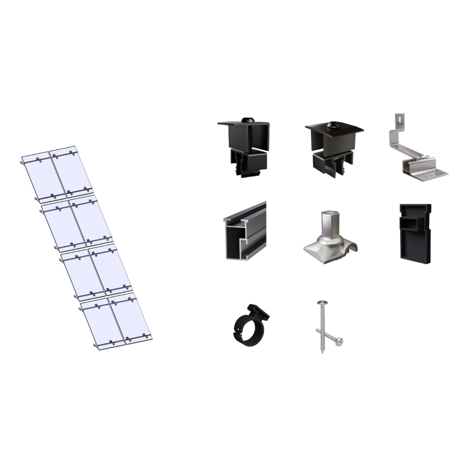 SolMount Montageset Schrägdach 8 Module Anordnung 2 Module nebeneinander und 4 Module untereinander Schwarz Eloxiert SolMount Montageset Schrägdach 8 Module Anordnung 2 Module nebeneinander und 4 Module untereinander Schwarz Eloxiert von Solmount