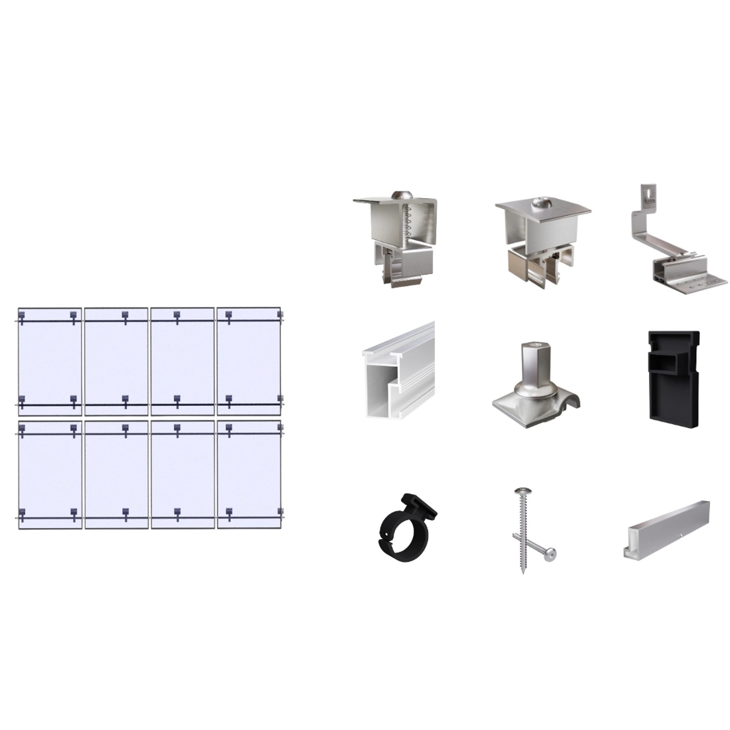 SolMount Montageset Schrägdach 8 Module Anordnung 4 Module nebeneinander und 2 Module untereinander Aluminium Natur SolMount Montageset Schrägdach 8 Module Anordnung 4 Module nebeneinander und 2 Module untereinander Aluminium Natur von Solmount