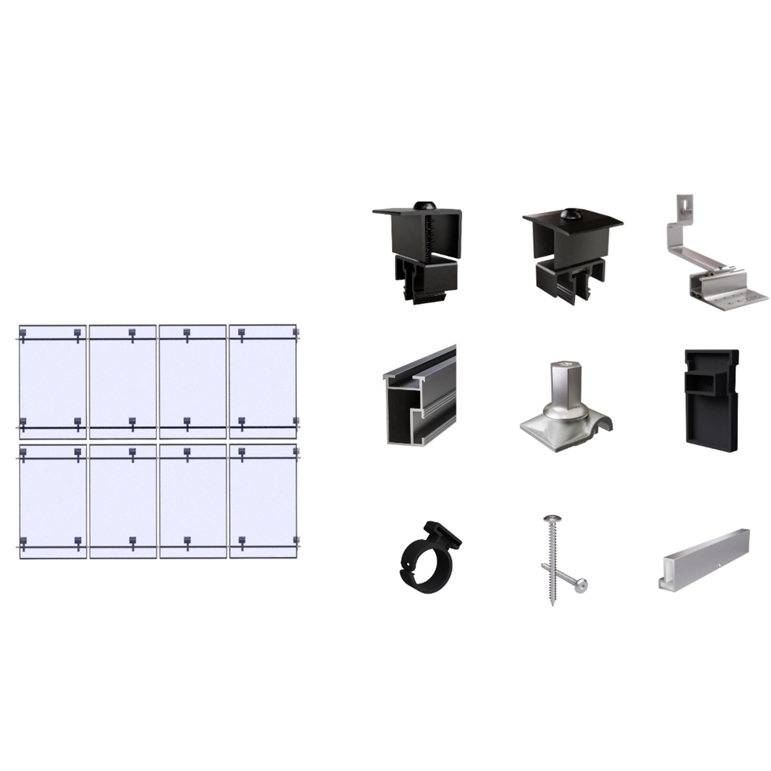 SolMount Montageset Schrägdach 8 Module Anordnung 4 Module nebeneinander und 2 Module untereinander Schwarz Eloxiert SolMount Montageset Schrägdach 8 Module Anordnung 4 Module nebeneinander und 2 Module untereinander Schwarz Eloxiert von Solmount