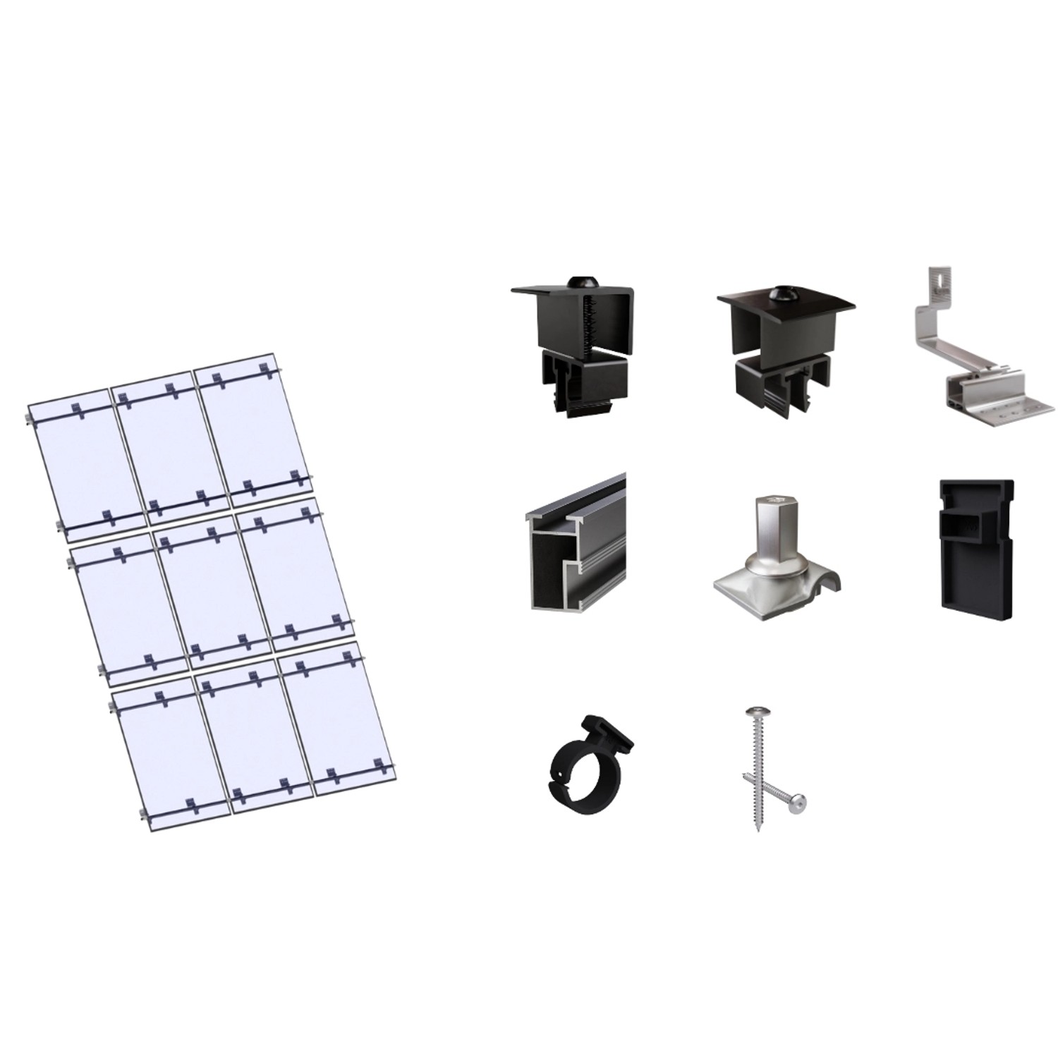 SolMount Montageset Schrägdach 9 Module Anordnung 3 Module nebeneinander und 3 Module untereinander Schwarz Eloxiert SolMount Montageset Schrägdach 9 Module Anordnung 3 Module nebeneinander und 3 Module untereinander Schwarz Eloxiert von Solmount