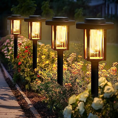 Solpex Solarlampen für Außen, 4 Stück LED Solar Gartenbeleuchtung, wasserdichte solarbetriebene Wegbeleuchtung für Garten, Terrasse, Landschaft, Gehweg, warmweiß von Solpex