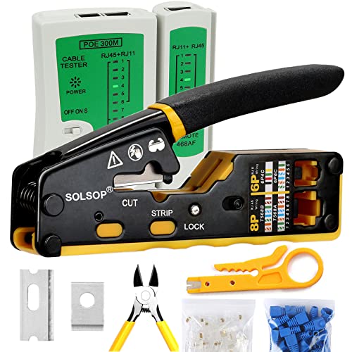 Solsop RJ45 Crimpzange Set Pass Through Cat5 Cat5e Cat6 Crimpwerkzeug netzwerkstecker Set mit Netzwerk Kabeltester, 50 Stück Cat6 RJ45 Stecker, 50 Stück RJ45 Stiefel, Kabelschere Solsop RJ45 Crimpzange Set Pass Through Cat5 Cat5e Cat6 Crimpwerkzeug netzwerkstecker Set mit Netzwerk Kabeltester, 50 Stück Cat6 RJ45 Stecker, 50 Stück RJ45 Stiefel, Kabelschere von Solsop