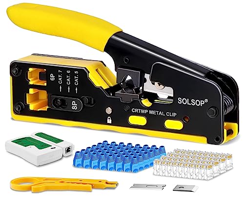 Solsop RJ45 Crimpzange für Cat7 Cat6 Cat5e Cat5 Netzwerkkabel, Netzwerk Werkzeug Set mit 50 Stück Pass Through Cat6 RJ45 Stecker, 50 Stück RJ45 Stiefel, Netzwerk Lan Tester von Solsop