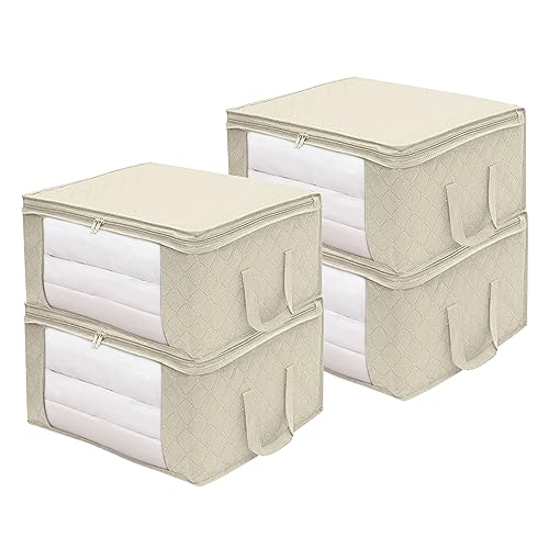 Solutra 4 Stück aufbewahrungstasche Kleideraufbewahrung, groß faltbare aufbewahrungsbox mit deckel, aufbewahrungstasche für bettdecken Kleidung Decken und Spielzeug(Beige) von Solutra