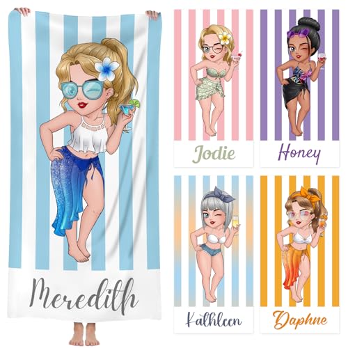Solutra Personalisiert Strandtuch Badetuch mit Namen, Mikrofaser Handtuch Personalisiert Geschenke, Schnell Trocknendes Leichtes Strandhandtuch für Erwachsene Kinder (DIY Frauen Streifen) von Solutra