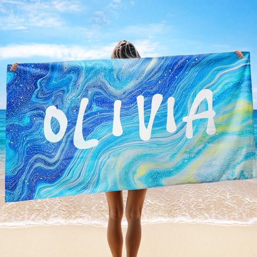 Solutra Personalisiert Strandtuch Badetuch mit Namen, Mikrofaser Handtuch Personalisiert Geschenke, Schnell Trocknendes Leichtes Strandhandtuch für Erwachsene Kinder (Wellen) von Solutra