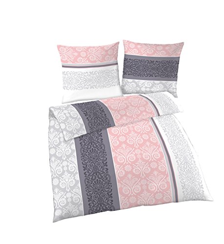 Soma Fein-Biber Bettwäsche-Set 2tlg grau rosa | 2 teilige 155x220 cm & Kissen 80x80 cm | Barock Paisley von Soma