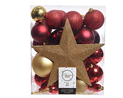 Soma Christbaumkugeln Weihnachtskugeln Box a 33 Stück D = 8.00cm Kugeln bruchfest Shatterproof Assorted rot Gold von Soma