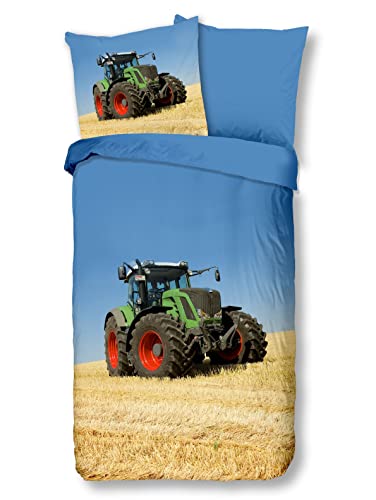 Soma Renforcé Pastell Kinder-Bettwäsche-Set 2 teilig Bettbezug 2tlg 135x200cm 80x80 Trecker Traktor Farmer von Soma