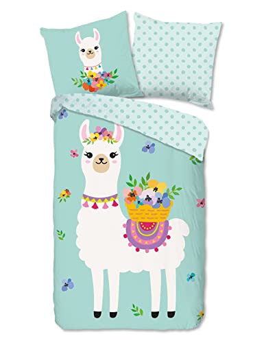 Soma Renforcé Pastell Kinder-Bettwäsche-Set 2 teilig Bettbezug 2tlg 135x200cm 80x80cm (Alpaka Lama türkis) von Soma